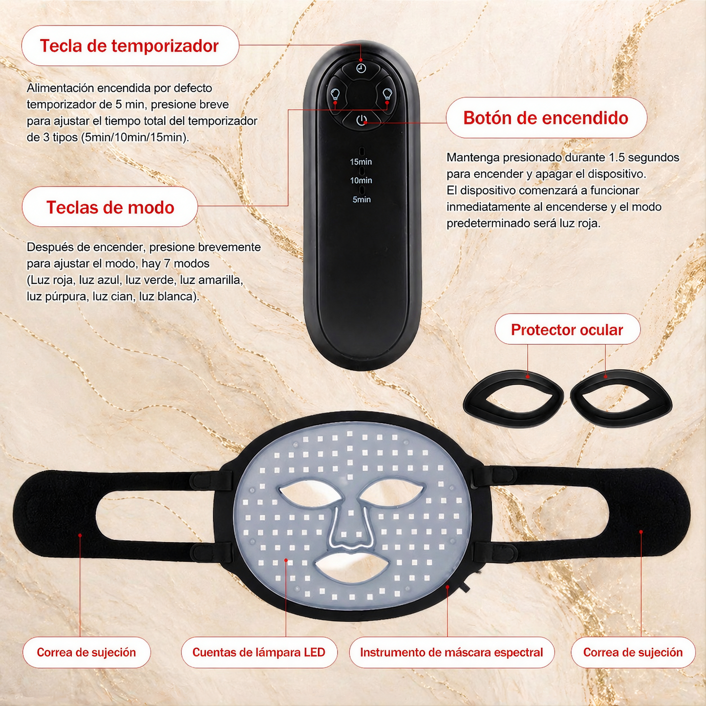 Máscara Facial LED de Luz Roja Antiedad